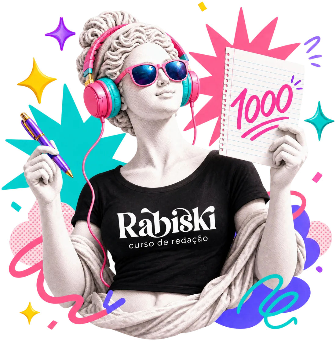 Estátua da Rabiski de óculos escuros e fones de ouvido, segurando uma caneta e uma folha de redação com a nota 1000
